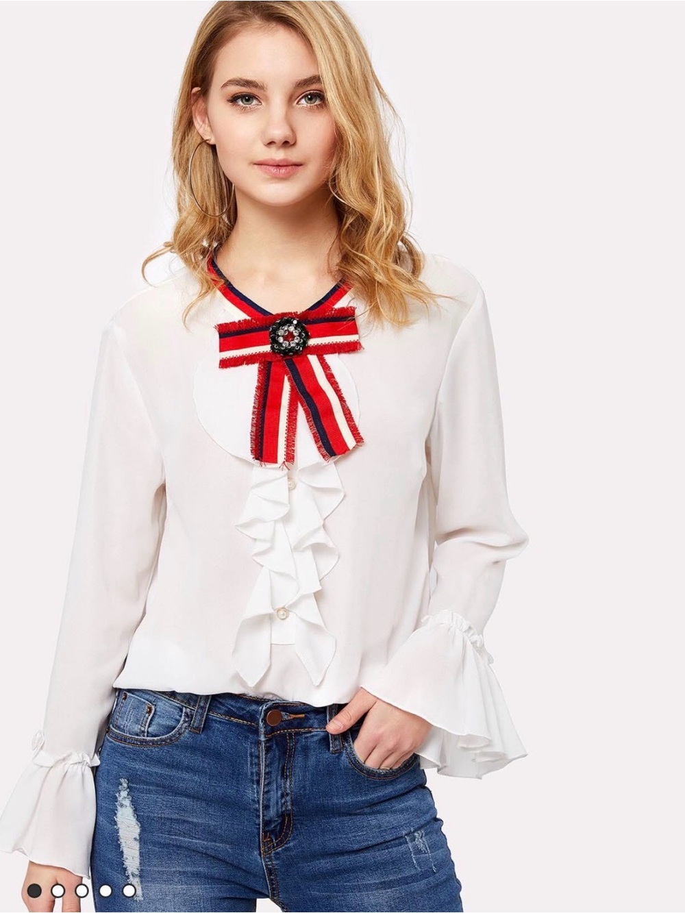 SHEIN White Ruffle Blouse with Red and Navy Ribbon Bow